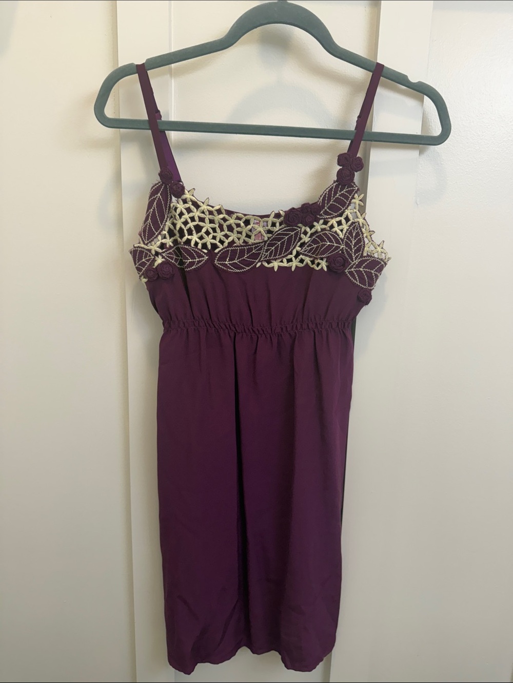 Silk Plum Lace-Trim Mini Dress with Crochet Floral Detail